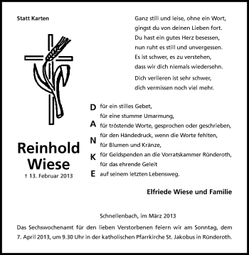 Anzeige von Reinhold Wiese von Kölner Stadt-Anzeiger / Kölnische Rundschau / Express