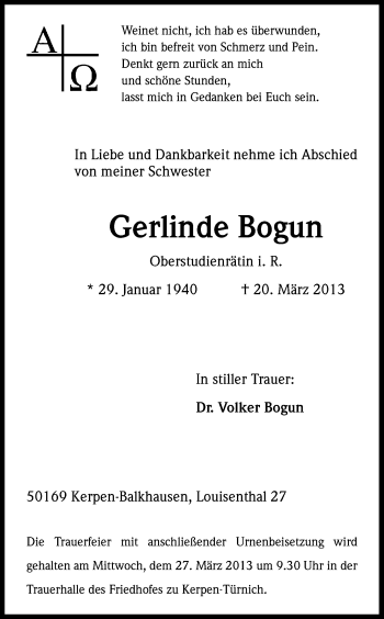 Anzeige von Gerlinde Bogun von Kölner Stadt-Anzeiger / Kölnische Rundschau / Express