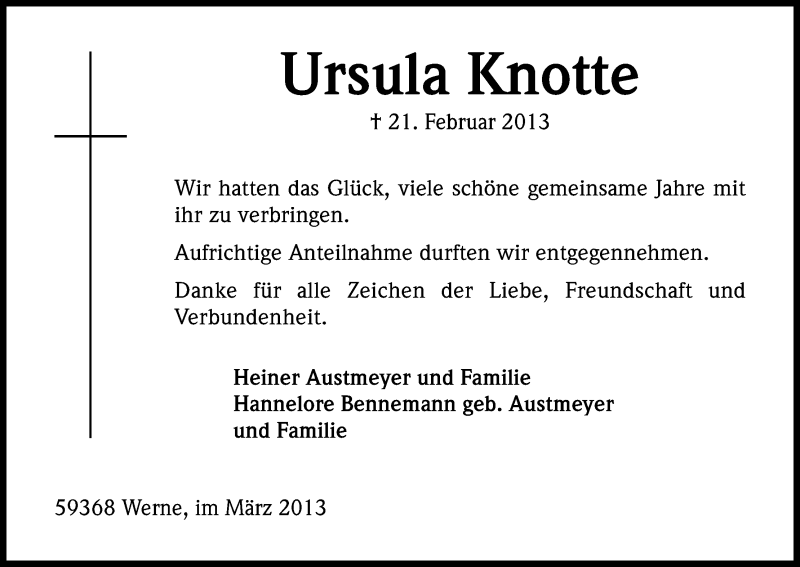  Traueranzeige für Ursula Knotte vom 23.03.2013 aus Kölner Stadt-Anzeiger / Kölnische Rundschau / Express