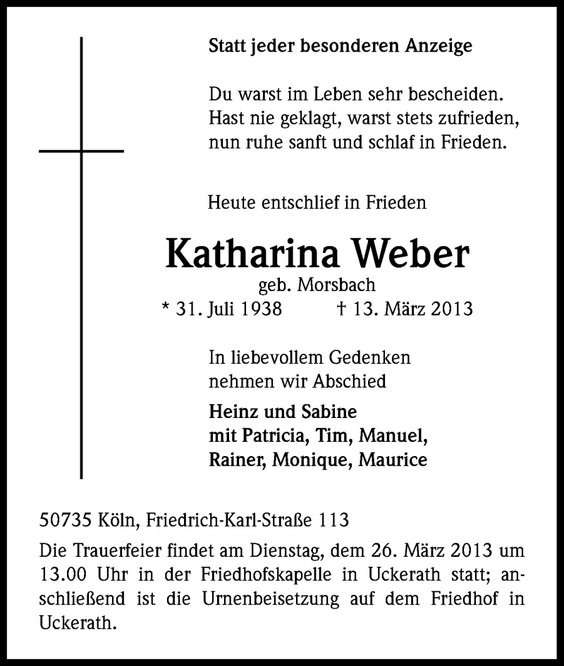  Traueranzeige für Katharina Weber vom 22.03.2013 aus Kölner Stadt-Anzeiger / Kölnische Rundschau / Express