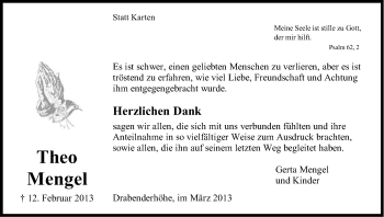Anzeige von Theo Mengel von Kölner Stadt-Anzeiger / Kölnische Rundschau / Express