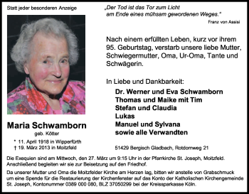 Anzeige von Maria Schwamborn von Kölner Stadt-Anzeiger / Kölnische Rundschau / Express
