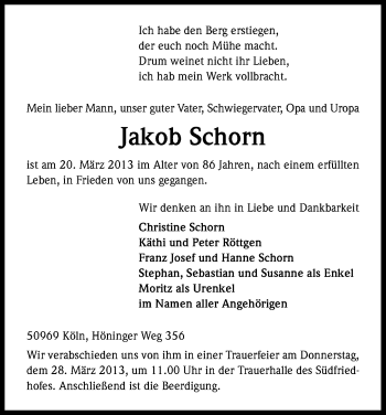 Anzeige von Jakob Schorn von Kölner Stadt-Anzeiger / Kölnische Rundschau / Express
