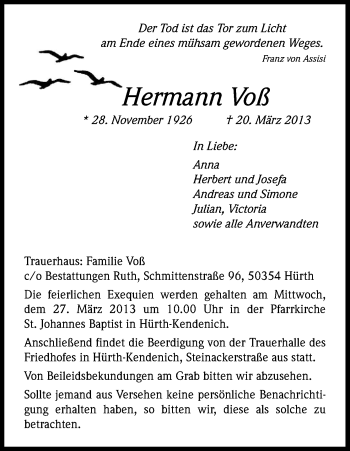 Anzeige von Hermann Voß von Kölner Stadt-Anzeiger / Kölnische Rundschau / Express