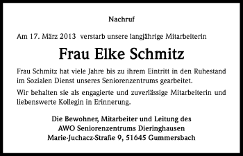 Anzeige von Elke Schmitz von Kölner Stadt-Anzeiger / Kölnische Rundschau / Express