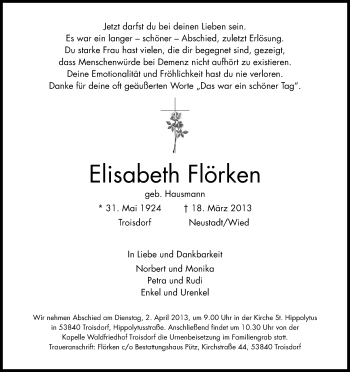 Anzeige von Elisabeth Flörken von Kölner Stadt-Anzeiger / Kölnische Rundschau / Express