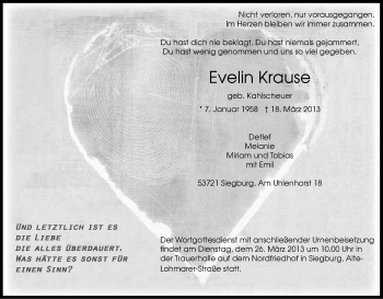 Anzeige von Evelin Krause von Kölner Stadt-Anzeiger / Kölnische Rundschau / Express