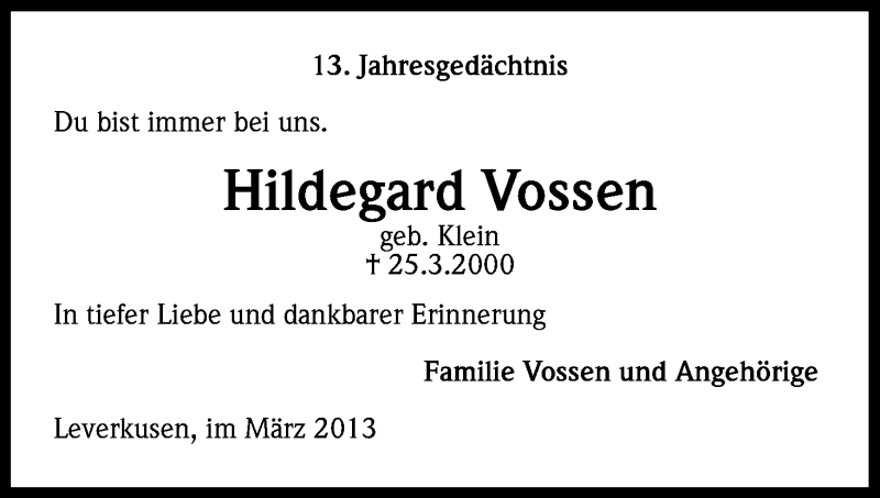  Traueranzeige für Hildegard Vossen vom 23.03.2013 aus Kölner Stadt-Anzeiger / Kölnische Rundschau / Express