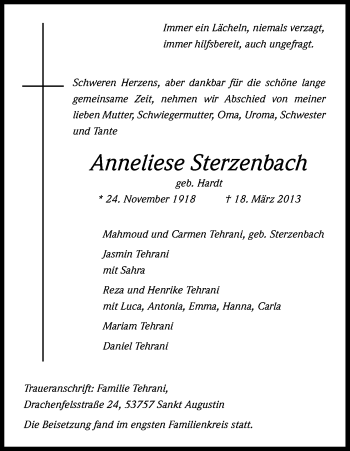 Anzeige von Anneliese Sterzenbach von Kölner Stadt-Anzeiger / Kölnische Rundschau / Express