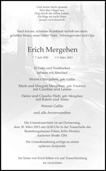 Anzeige von Erich Mergehen von Kölner Stadt-Anzeiger / Kölnische Rundschau / Express
