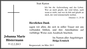Anzeige von Johanna Marie Höstermann von Kölner Stadt-Anzeiger / Kölnische Rundschau / Express