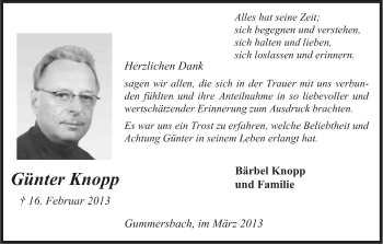 Anzeige von Günter Knopp von Kölner Stadt-Anzeiger / Kölnische Rundschau / Express