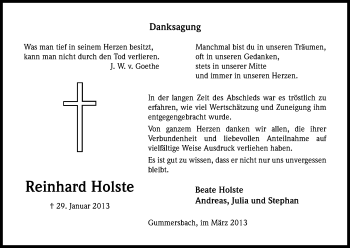 Anzeige von Reinhard Holste von Kölner Stadt-Anzeiger / Kölnische Rundschau / Express