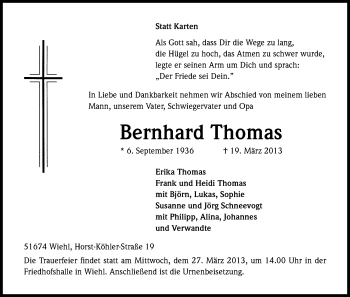 Anzeige von Bernhard Thomas von Kölner Stadt-Anzeiger / Kölnische Rundschau / Express