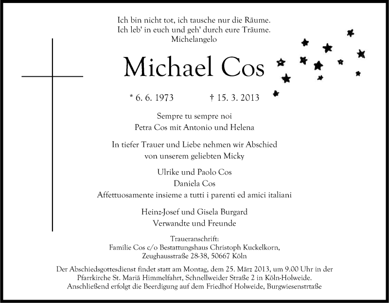  Traueranzeige für Michael Cos vom 23.03.2013 aus Kölner Stadt-Anzeiger / Kölnische Rundschau / Express