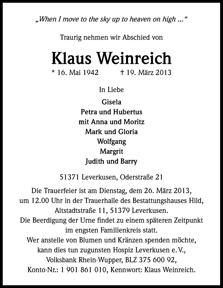  Traueranzeige für Klaus Weinreich vom 23.03.2013 aus Kölner Stadt-Anzeiger / Kölnische Rundschau / Express