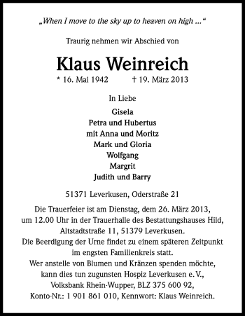 Anzeige von Klaus Weinreich von Kölner Stadt-Anzeiger / Kölnische Rundschau / Express