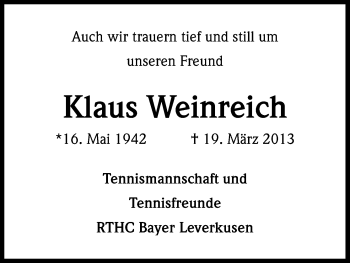 Anzeige von Klaus Weinreich von Kölner Stadt-Anzeiger / Kölnische Rundschau / Express