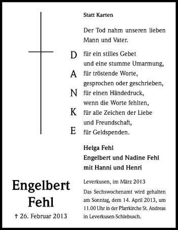 Anzeige von Engelbert Fehl von Kölner Stadt-Anzeiger / Kölnische Rundschau / Express