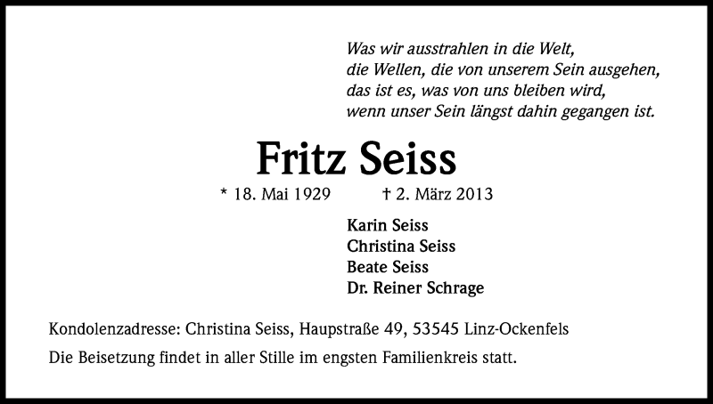  Traueranzeige für Fritz Seiss vom 23.03.2013 aus Kölner Stadt-Anzeiger / Kölnische Rundschau / Express