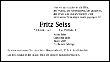 Anzeige von Fritz Seiss von Kölner Stadt-Anzeiger / Kölnische Rundschau / Express