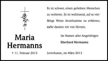 Anzeige von Maria Hermanns von Kölner Stadt-Anzeiger / Kölnische Rundschau / Express