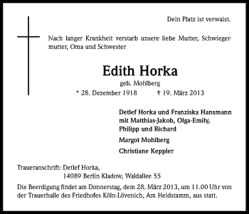 Anzeige von Edith Horka von Kölner Stadt-Anzeiger / Kölnische Rundschau / Express