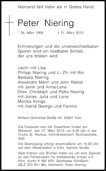 Anzeige von Peter Niering von Kölner Stadt-Anzeiger / Kölnische Rundschau / Express