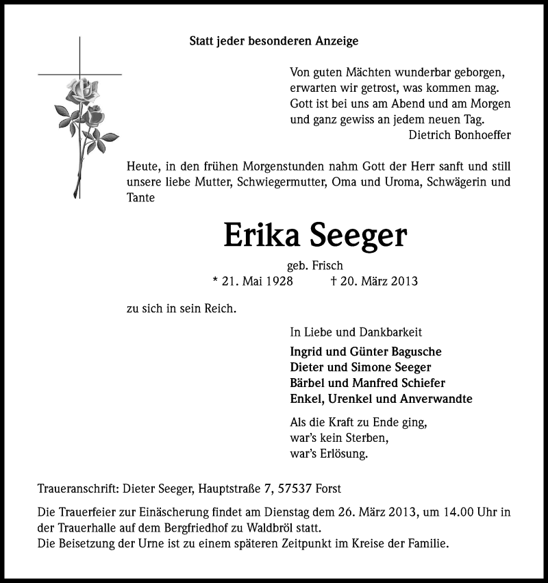  Traueranzeige für Erika Seeger vom 23.03.2013 aus Kölner Stadt-Anzeiger / Kölnische Rundschau / Express