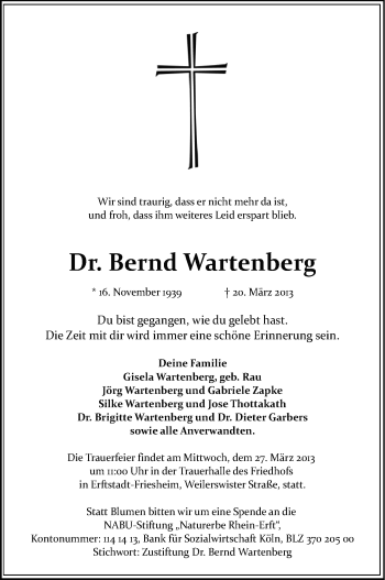 Anzeige von Bernd Wartenberg von Kölner Stadt-Anzeiger / Kölnische Rundschau / Express