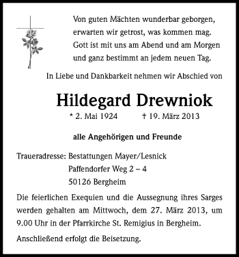 Anzeige von Hildegard Drewniok von Kölner Stadt-Anzeiger / Kölnische Rundschau / Express