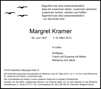 Anzeige von Margret Kramer von Kölner Stadt-Anzeiger / Kölnische Rundschau / Express