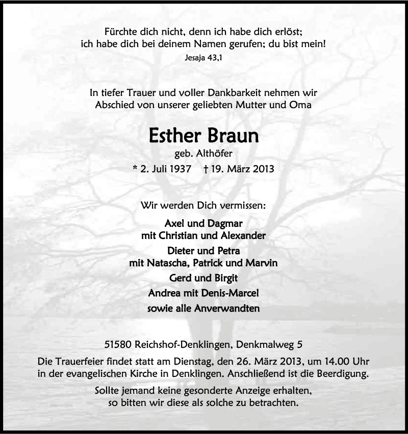  Traueranzeige für Esther Braun vom 23.03.2013 aus Kölner Stadt-Anzeiger / Kölnische Rundschau / Express