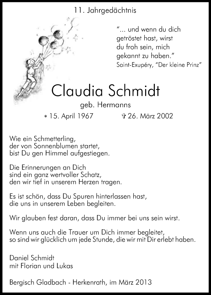  Traueranzeige für Claudia Schmidt vom 26.03.2013 aus Kölner Stadt-Anzeiger / Kölnische Rundschau / Express