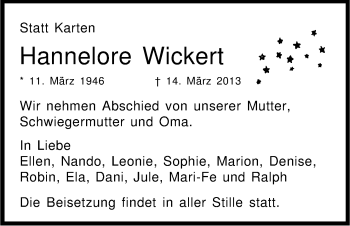 Anzeige von Hannelore Wickert von Kölner Stadt-Anzeiger / Kölnische Rundschau / Express