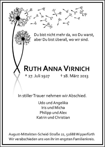 Anzeige von Ruth Anna Virnich von Kölner Stadt-Anzeiger / Kölnische Rundschau / Express