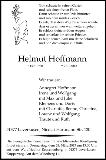 Anzeige von Helmut Hoffmann von Kölner Stadt-Anzeiger / Kölnische Rundschau / Express