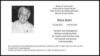 Anzeige von Klara Buhr von Kölner Stadt-Anzeiger / Kölnische Rundschau / Express