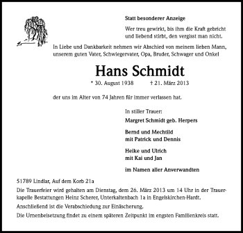 Anzeige von Hans Schmidt von Kölner Stadt-Anzeiger / Kölnische Rundschau / Express