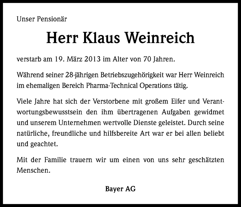  Traueranzeige für Klaus Weinreich vom 23.03.2013 aus Kölner Stadt-Anzeiger / Kölnische Rundschau / Express