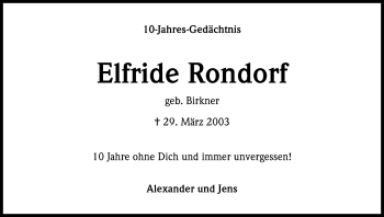 Anzeige von Elfride Rondorf von Kölner Stadt-Anzeiger / Kölnische Rundschau / Express