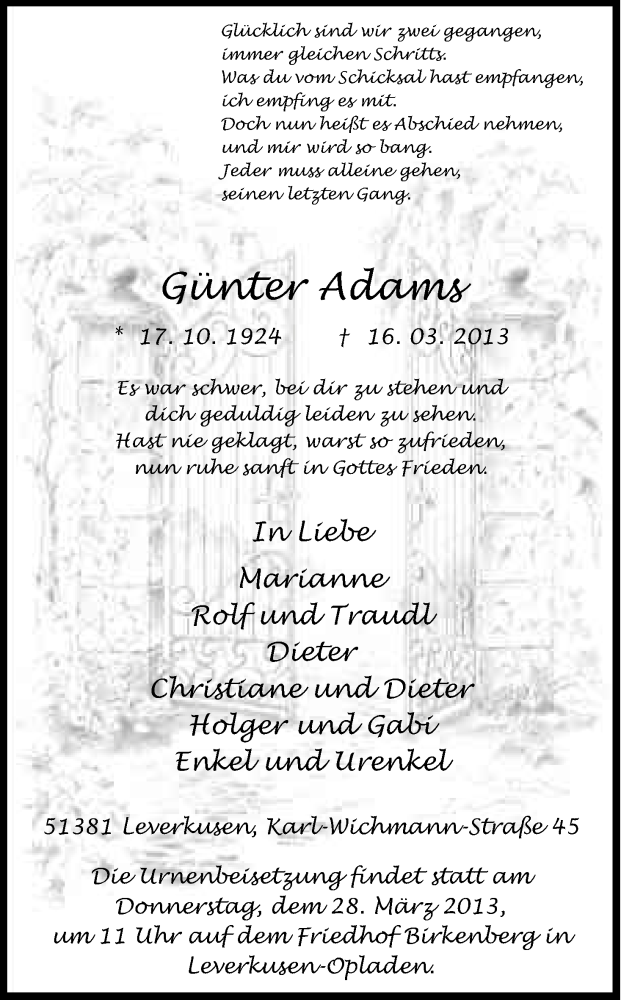  Traueranzeige für Günter Adams vom 23.03.2013 aus Kölner Stadt-Anzeiger / Kölnische Rundschau / Express