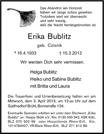 Anzeige von Erika Bublitz von Kölner Stadt-Anzeiger / Kölnische Rundschau / Express