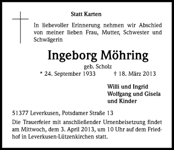 Anzeige von Ingeborg Möhring von Kölner Stadt-Anzeiger / Kölnische Rundschau / Express