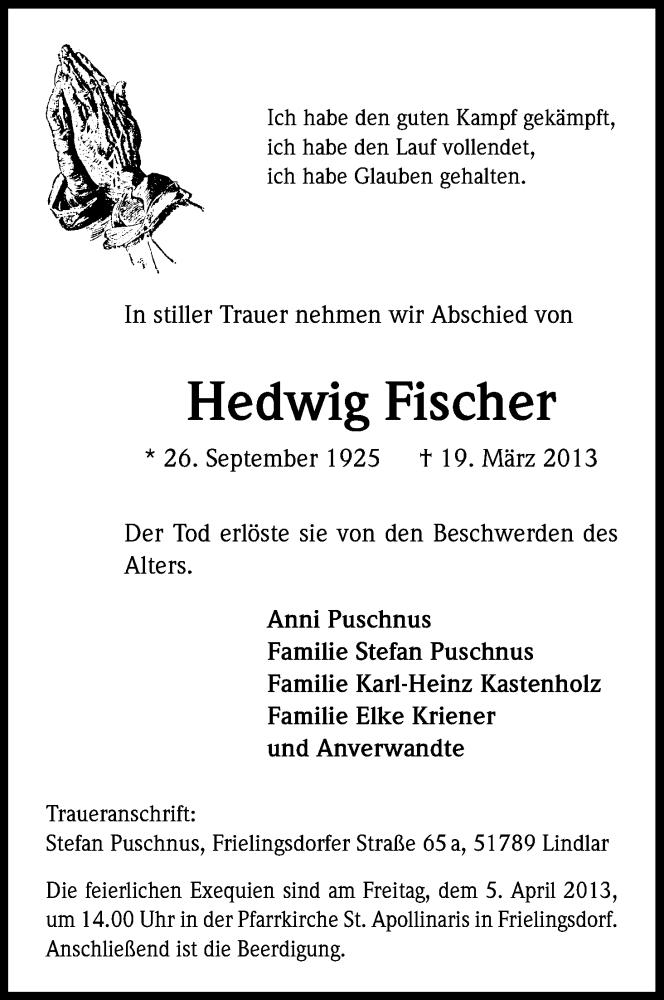  Traueranzeige für Hedwig Fischer vom 23.03.2013 aus Kölner Stadt-Anzeiger / Kölnische Rundschau / Express