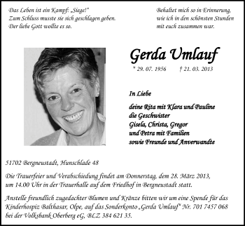 Anzeige von Gerda Umlauf von Kölner Stadt-Anzeiger / Kölnische Rundschau / Express