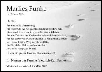 Anzeige von Marlies Funke von Kölner Stadt-Anzeiger / Kölnische Rundschau / Express