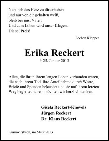Anzeige von Erika Reckert von Kölner Stadt-Anzeiger / Kölnische Rundschau / Express
