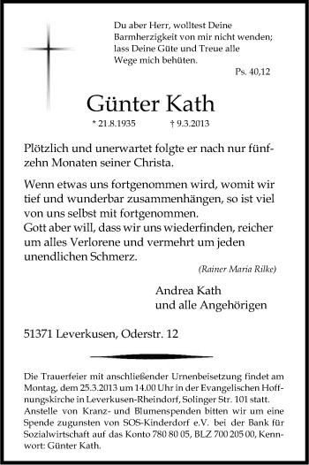 Anzeige von Günter Kath von Kölner Stadt-Anzeiger / Kölnische Rundschau / Express