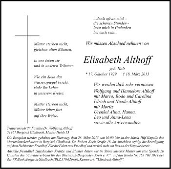 Anzeige von Elisabeth Althoff von Kölner Stadt-Anzeiger / Kölnische Rundschau / Express